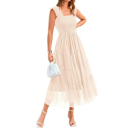 PRETTYGARDEN Women's Summer Midi Tulle Dress Sleeveless Smocked Square Neck Ruffle Flowy Party Wedding Guest Sundress | Walmart (US)