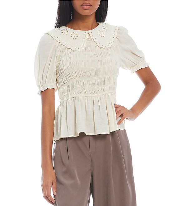 Peter Pan Collar Puff Sleeve Smocked Peplum Top | Dillards