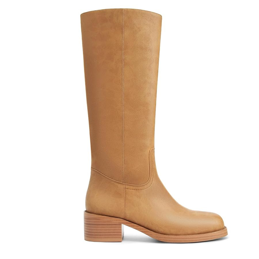 Women's Banana Knee High Boots Square Toe Chunky Block Heel Comfortable Low Heel Pull on Wide Cal... | Amazon (US)