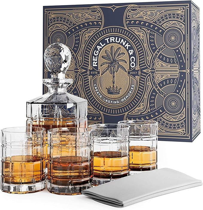 Whiskey Decanter Set with Glasses Regal Trunk & Co., 4 Square Engraved Tumblers Whisky Decanter &... | Amazon (US)