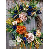 Large Fall Porch Wreath, Orange Blue Grapevine Peony Pumpkin Wreath For Front Door, Deluxe Door | Etsy (US)