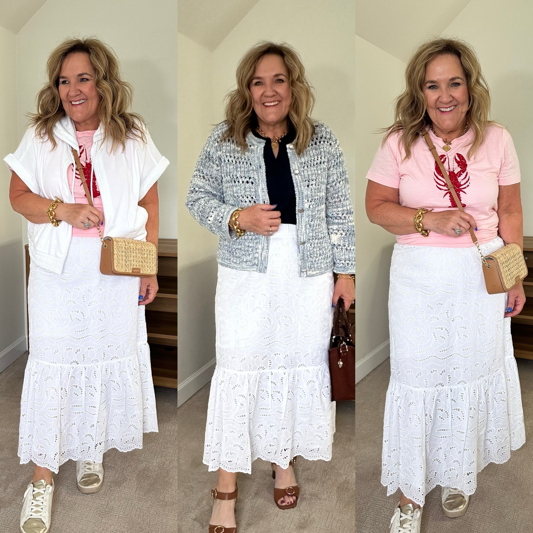Styling a white eyelet almost maci skirt. Wearing a large petite. 
Tee and sweater size large
Terry cloth hoodie size XL

Summer outfits vacation outfits white eyelet dress skirt 

#LTKOver40 #LTKSaleAlert #LTKFindsUnder100