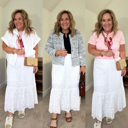 Styling a white eyelet almost maci skirt. Wearing a large petite. 
Tee and sweater size large
Terry cloth hoodie size XL

Summer outfits vacation outfits white eyelet dress skirt 

#LTKOver40 #LTKSaleAlert #LTKFindsUnder100