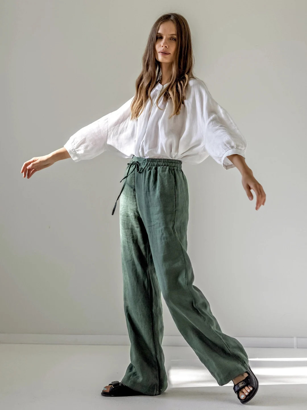 Wide Leg Linen Pants With Drawstring Waist, Loose-legged Linen Pants, Linen Trousers With Pockets... | Etsy (US)