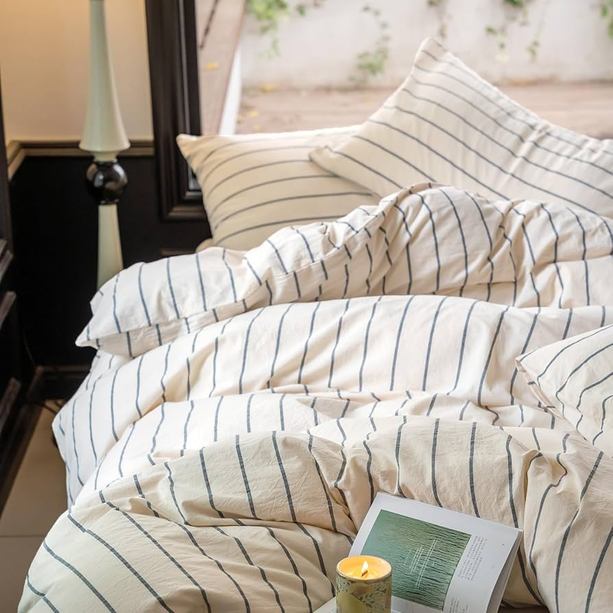 LifeTB Boho Striped Duvet Cover Sets King Beige Cream Duvet Cover with Grey Stripes Pattern Comfo... | Amazon (US)