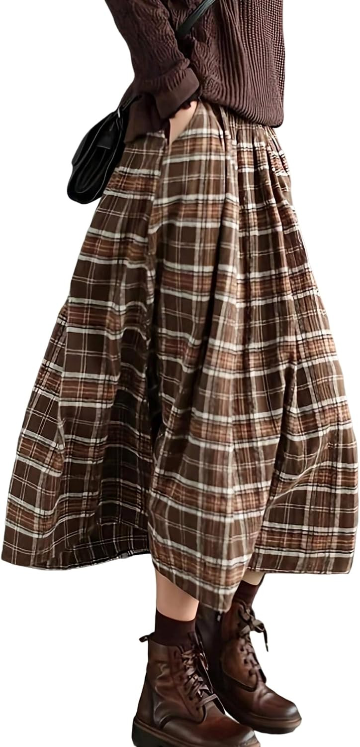 ZAFUL Womens Plaid Skirts Elastic Waist A-Line Pleated Midi Skirts | Amazon (US)
