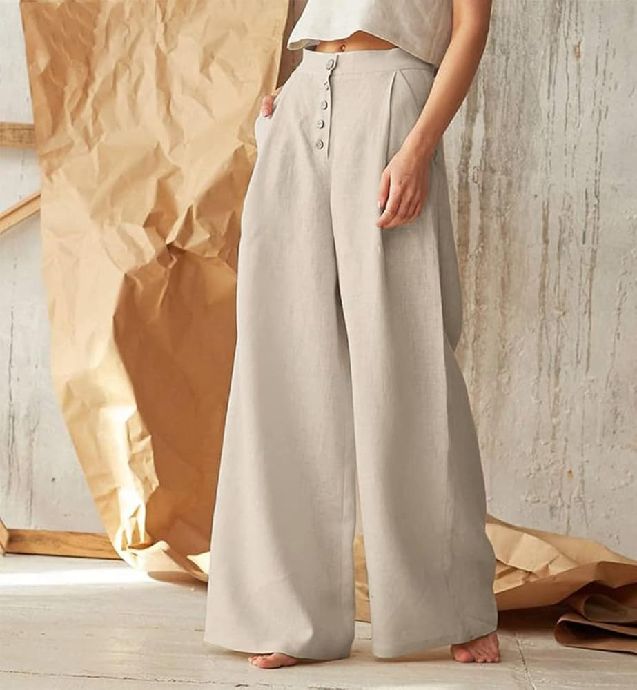 Les umes Womens Casual Wide Leg Long Pants High Wasit Loose Palazzo Pants Button Up Cotton Trousers | Amazon (US)