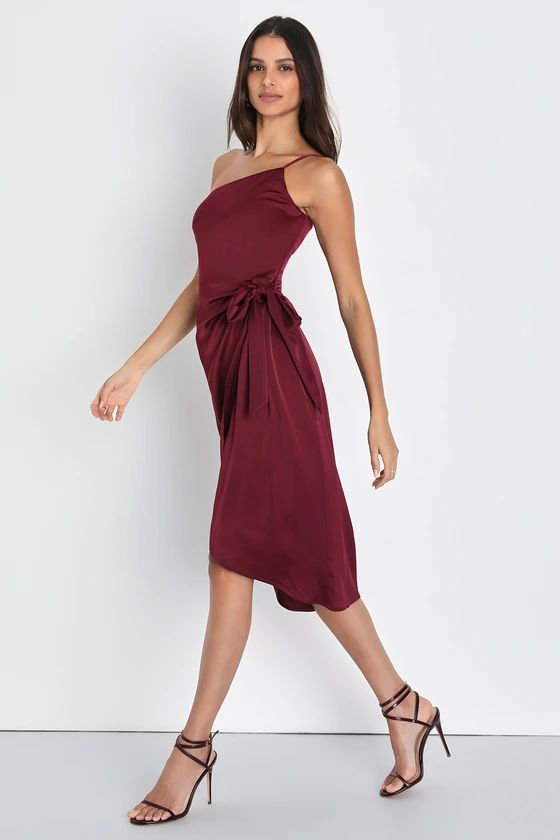 Meant to Be Together Wine Red Satin One-Shoulder Midi Dress | Lulus (US)
