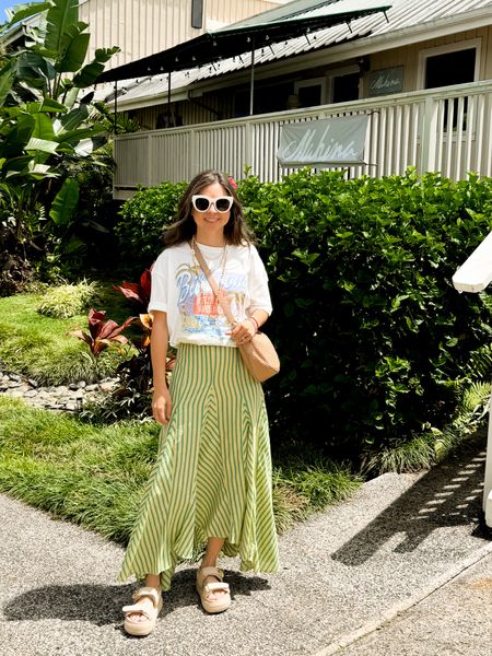 Vacation outfit. Summer outfits. Petite friendly outfit. 

Stripe skirt xs
Oversized graphic tee xsmall
Raffia sandals size 5


#LTKFestival #LTKstyletip