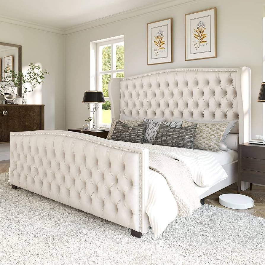 AMERLIFE King Size Platform Bed Frame, Velvet Upholstered Bed with Deep Button Tufted & Nailhead ... | Amazon (US)