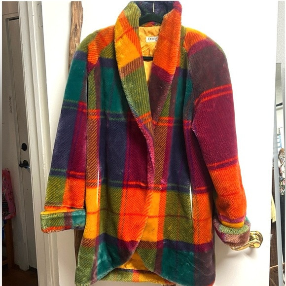 Donny Brook Vibrant Multicolor Oversized Faux Fur Rainbow Plaid Coat | Poshmark