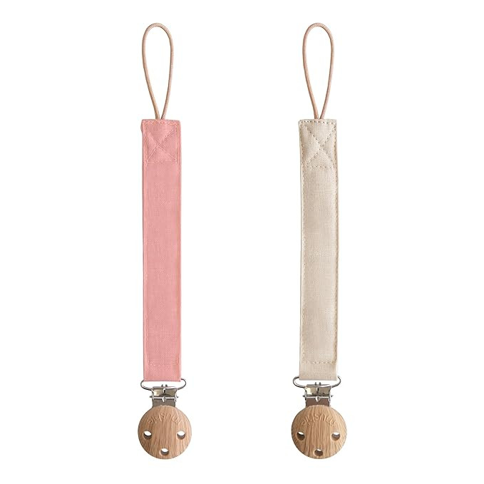 mushie Linen Baby Pacifier Clip Holder | Soft Fabric Strap, 2-Pack (Dusty Rose/Shifting Sand) | Amazon (US)