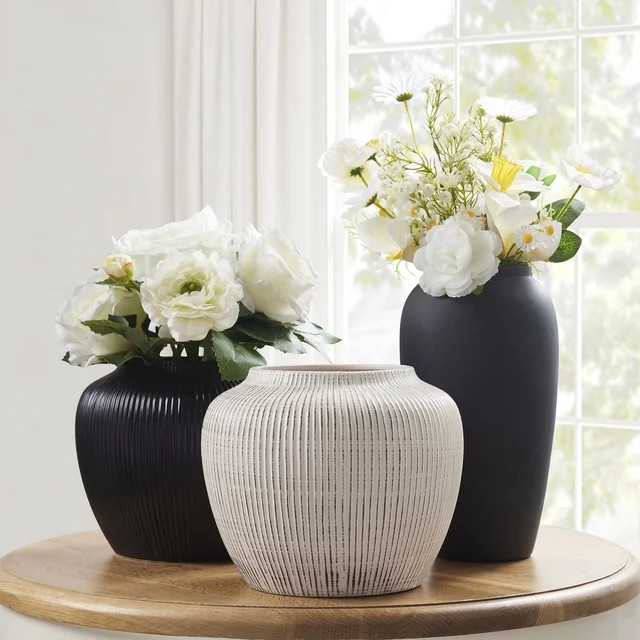 My Texas House 5" Black Textured Stripe Round Stoneware Vase | Walmart (US)