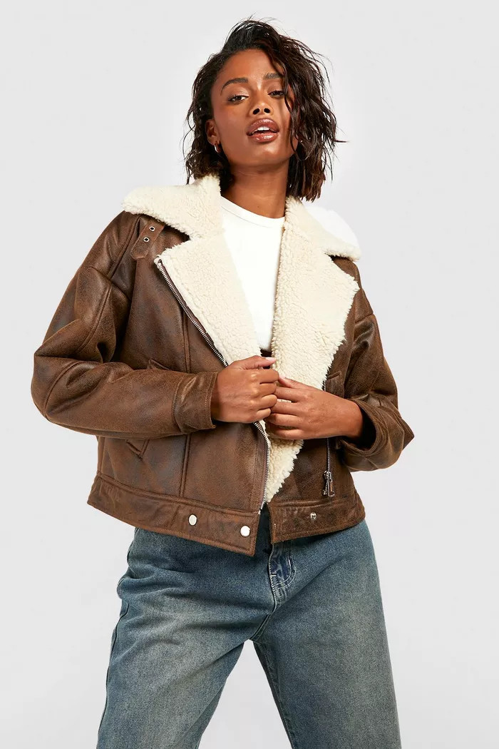 Vintage Wash Faux Leather Aviator Jacket | boohoo (US & Canada)