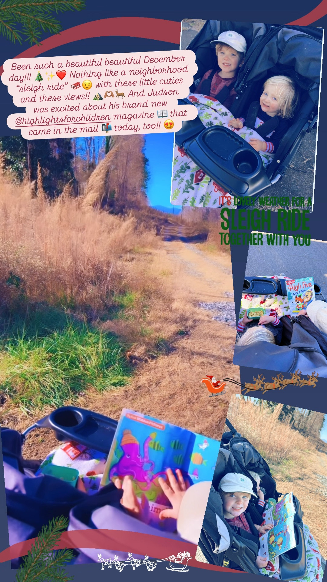 Been such a beautiful beautiful December day!!! 🎄✨❤️ Nothing like a neighborhood “sleigh ride” 🛷😉 with these little cuties and these views!! ⛰️🫶🏽🦌 And Judson was excited about his brand new @highlightsforchildren magazine 📖 that came in the mail 📬 today, too!! 😍