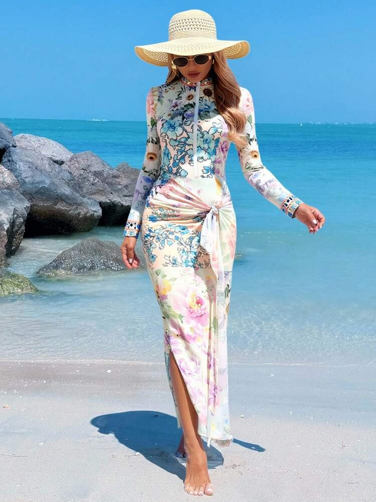 Swim Shayni 2pcs Women Floral Patchwork Rhinestone Pattern Palace Style Swimsuit, Elegant Casual For Spring/Summer Vacation, Beach, Party | SHEIN