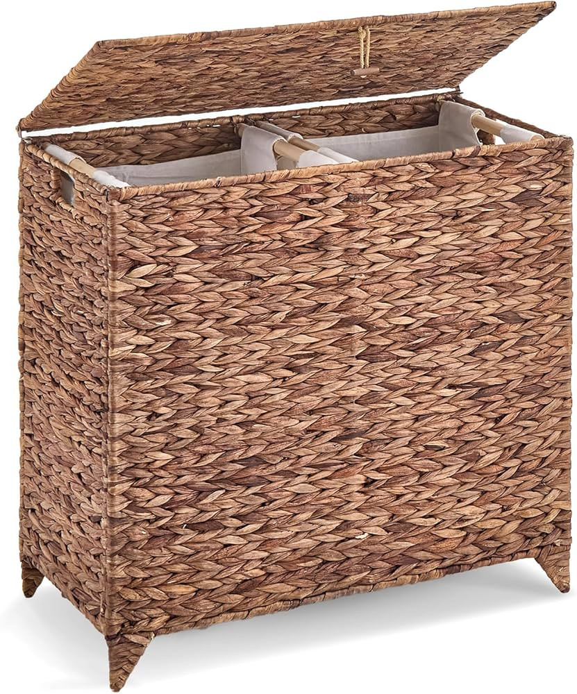 Handwoven Large Laundry Hamper with Lid and 2 Removable Liner Bags, Heightened Feet Natural Hyaci... | Amazon (US)