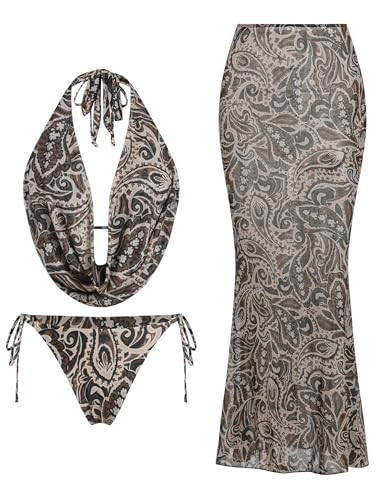 ZAFUL Women's 3 Piece Floral Swimsuit Draped Neck Halter Bikini Tie Side Bathing Suit with Sheer Cover Up Skirt 1-Brown Pattern M | Amazon (US)