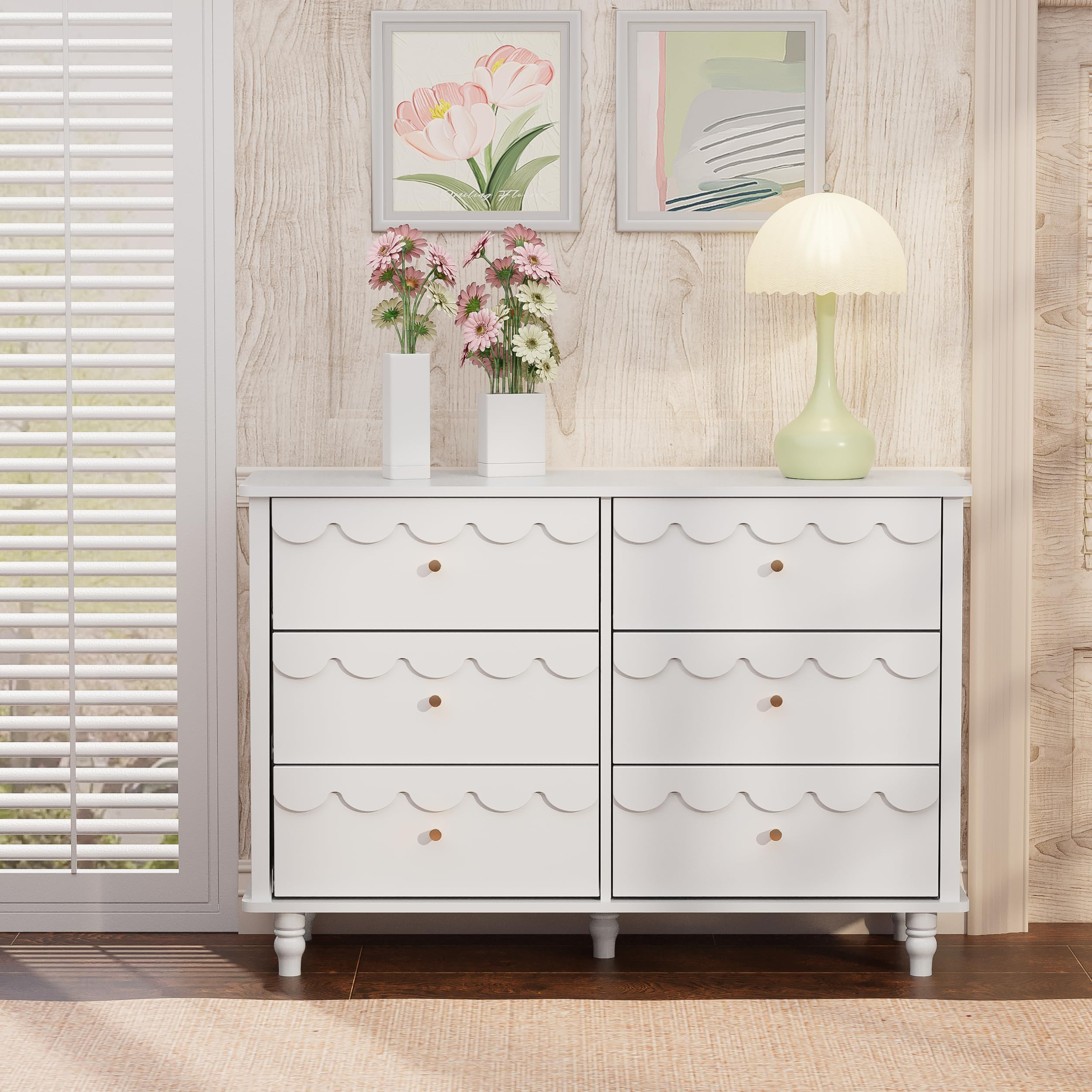 Anbuy White 6 Drawer Dresser for Girls Bedroom, Modern Wide Chest of Drawers, Scalloped Organizer... | Amazon (US)