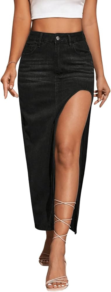 SweatyRocks Women's High Waist Split Thigh Maxi Denim Skirt Casual Zip Up Jean Skirts with Pocket... | Amazon (US)
