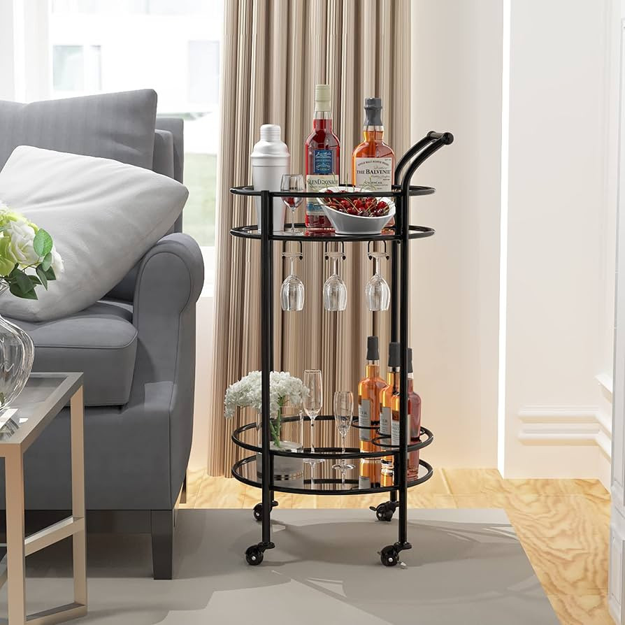 Round Black Rolling Bar Cart with 2 Mirror Shelves, Wine Rack and Lockable Casters, Suitable for ... | Amazon (US)