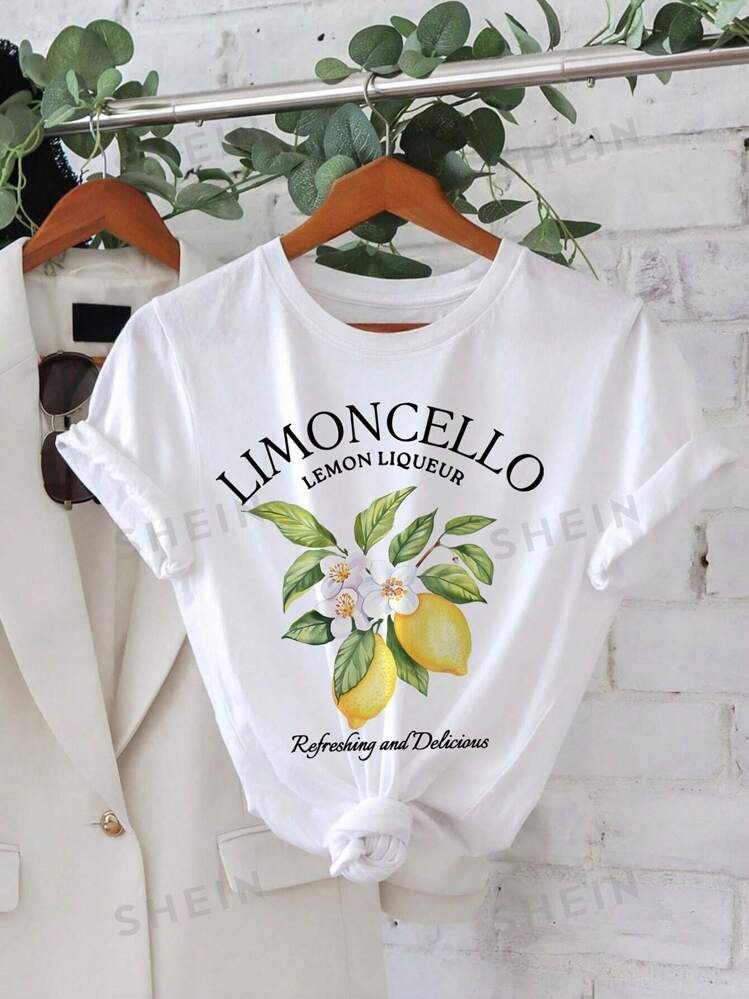 SHEIN LUNE Women's Summer Letter Fruit Printed Round Neck Short Sleeve Casual T-Shirt LIMONCELLO ... | SHEIN