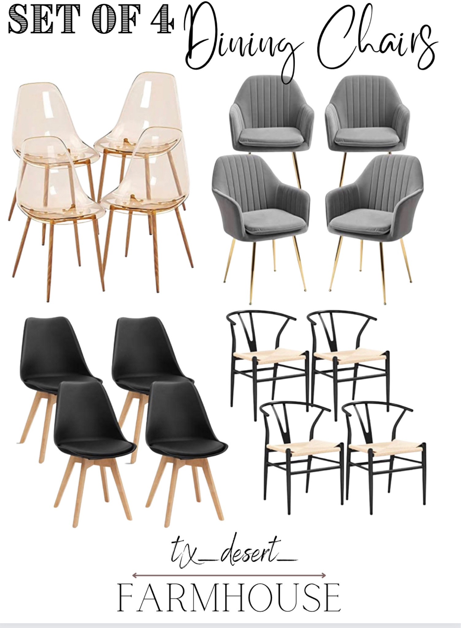Set of 4 Dining Chairs

#dining #diningchairs #chair #chairs #chairset #kitchen #counterstool #barstool #diningroom #kitchenfurniture #home #house #diningtable #acrylicchairs #shellchairs #stackablechairs #modernchairs #moderndiningchair #midcenturymodern #blackchairs #graychairs #wovenchairs #homeinterior #affordablechairs #sale

#LTKstyletip #LTKhome #LTKfamily