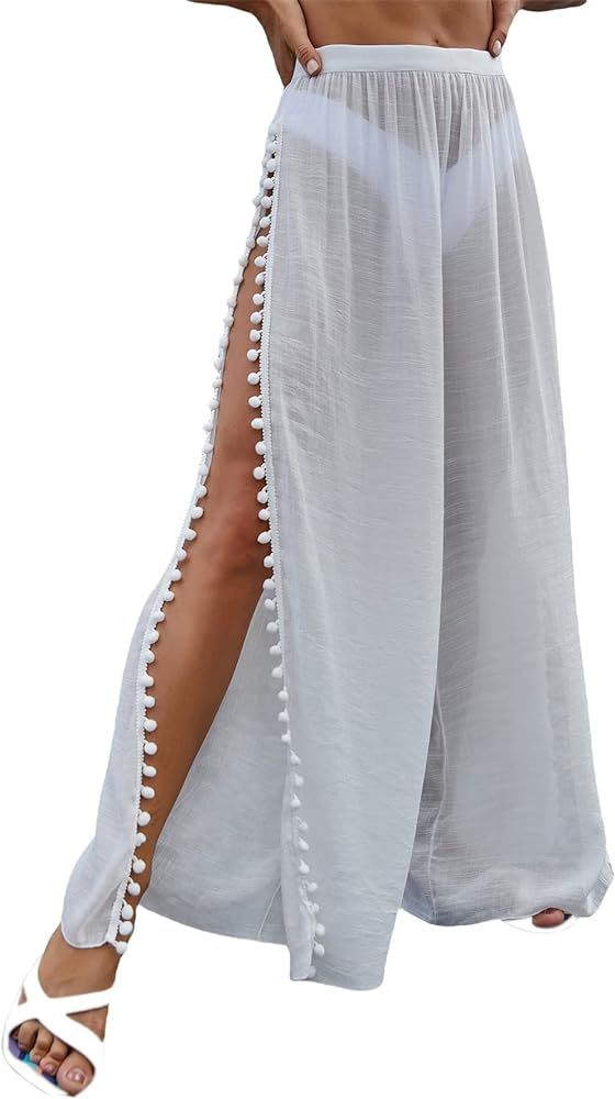 MakeMeChic Women's Sheer Cover Up Pants High Slit Pom Pom Beach Pants | Amazon (US)