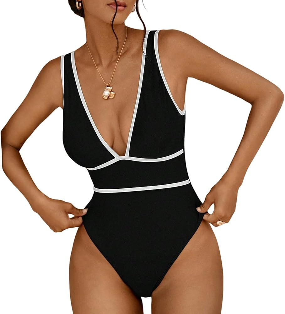Sexybody Womens Plunge V Neck One Piece Swimsuit Modest Slimming Bathing Suit Tummy Control Swim ... | Amazon (US)
