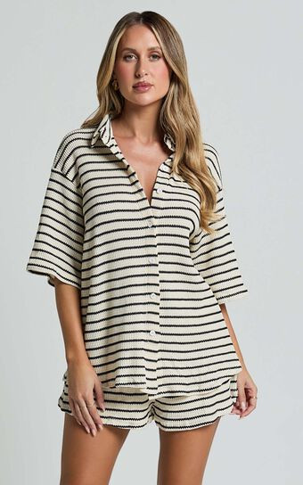 Dylan Two Piece Set - Striped Waffle Shirt and Short Set in Black & Cream Stripe | Showpo (US, UK & Europe)