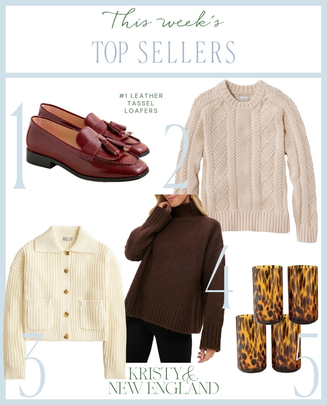 Top Sellers of the Week #1 Leather Tassel Loafers # 2 Fisherman Sweater #3 Sweater Cardigan #4 Brown Boucle Turtleneck Sweater #5 Tortoise Glasswaree

#LTKOver40 #LTKShoeCrush #LTKHome