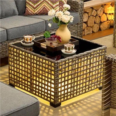 Glowing Outdoor Wicker Coffee Table With Built-in Solar Light – Natural Look, Weather-resistant, Perfect For Patio, Porch, Or Garden | Wayfair North America
