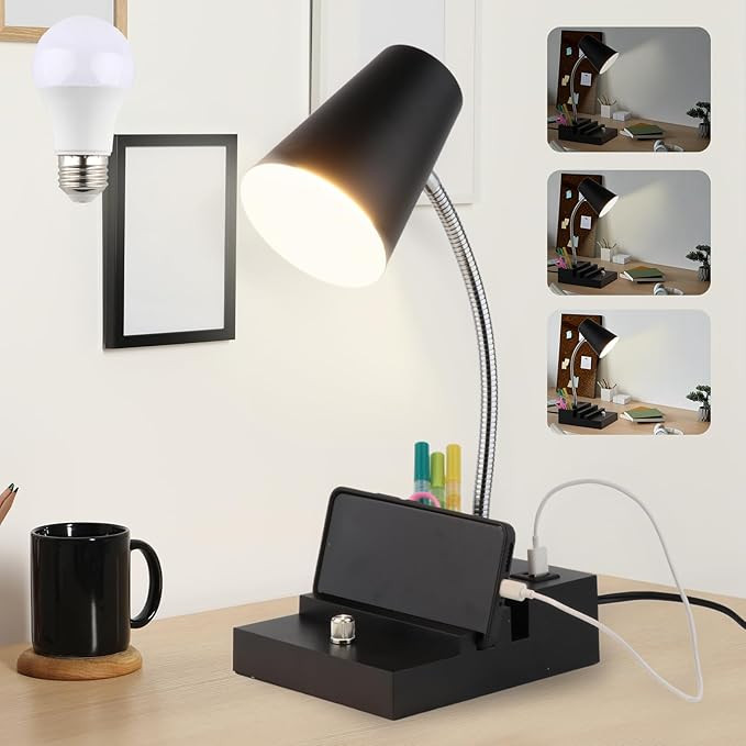 Study Desk Lamp with USB Charging and Type-C Night Light, Gooseneck LED Table Lamp Stepless Dimmi... | Amazon (US)