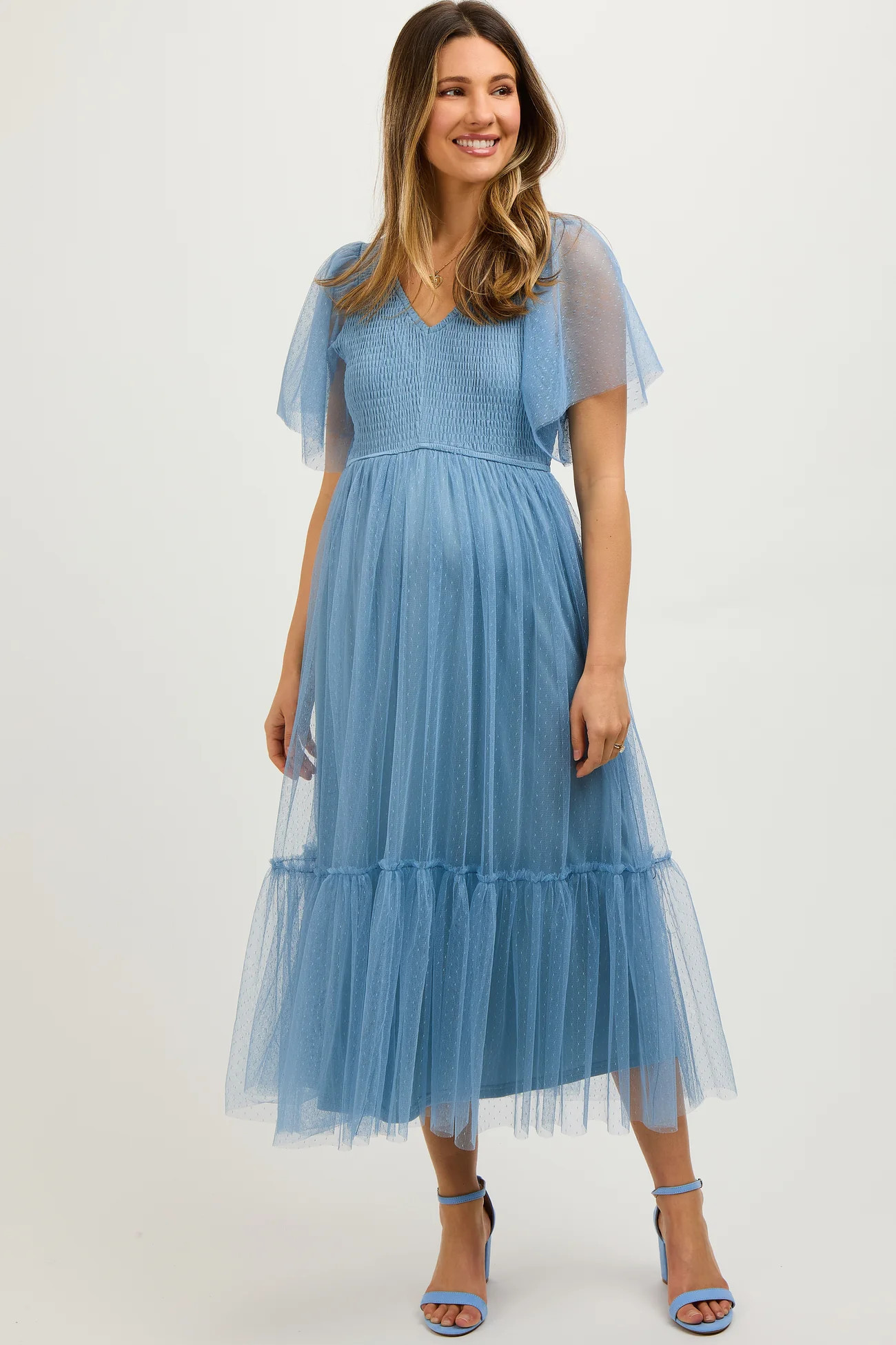 Blue Dotted Tulle Smocked Maternity Midi Dress | PinkBlush Maternity