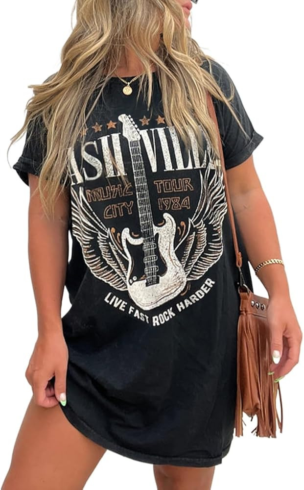 Women's Black Nashville Guitar Print Crew Neck T-Shirt Mini Dress | Amazon (US)