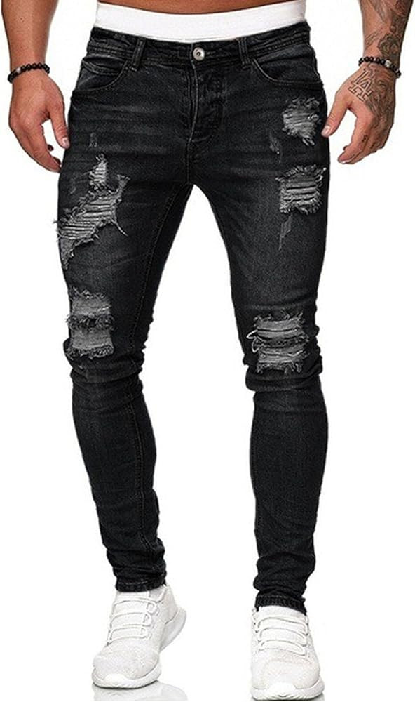 HUNGSON Men's Blue Slim Fit Jeans Stretch Destroyed Ripped Skinny Jeans Side Striped Denim Pants | Amazon (US)