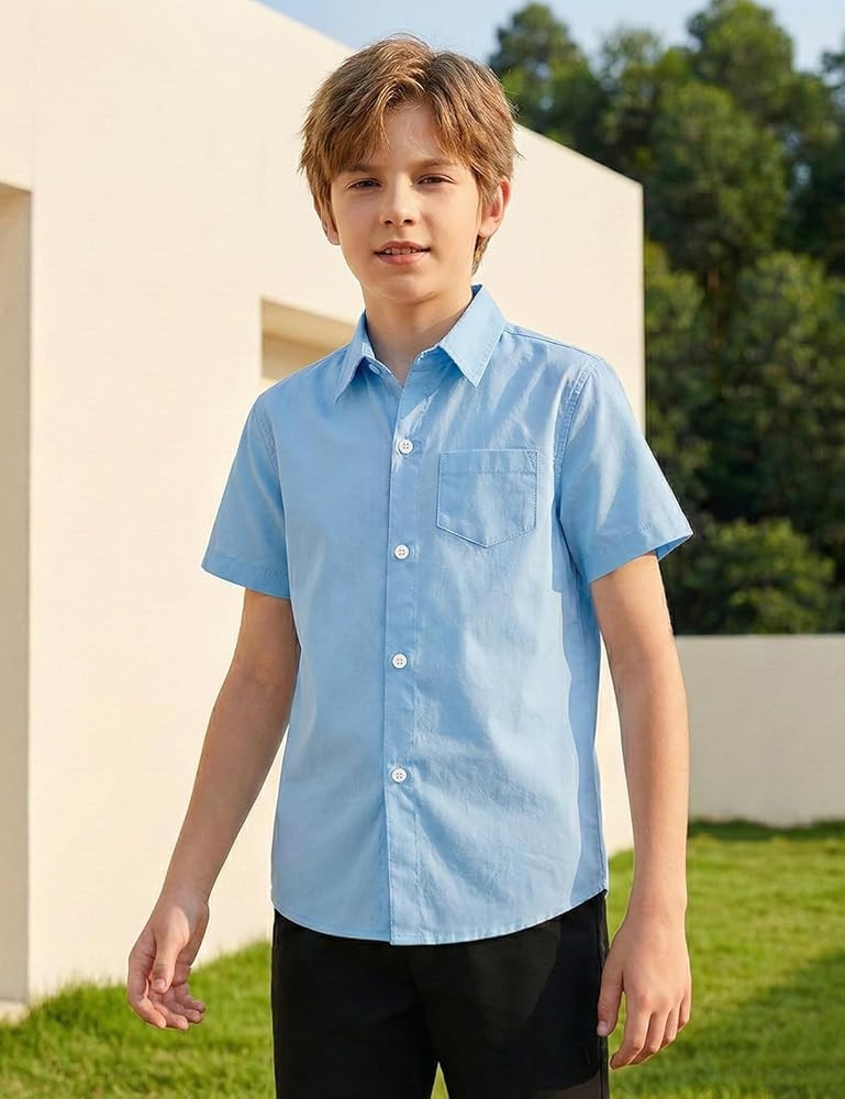 Spring&Gege Boys Cotton Dress Shirt Button Down Kids Short Sleeve Uniform Solid (2-14 Years) | Amazon (US)