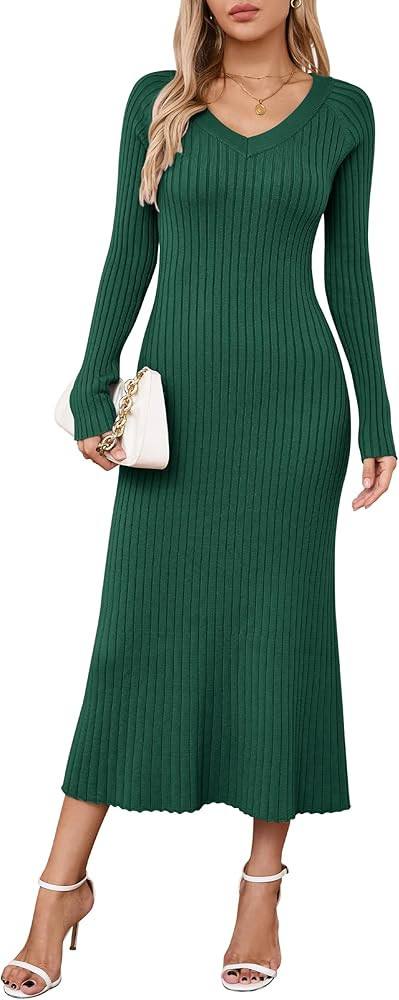 Arach&Cloz 2025 Spring Womens V Neck Long Sleeve Fishtail Sweater Dress Ribbed Knit Slim Fit Body... | Amazon (US)