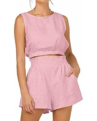 AUTOMET Women’s Summer 2 Piece Outfits Shorts Sets Sleeveless Round Neck Crop Top Tank and High... | Amazon (US)