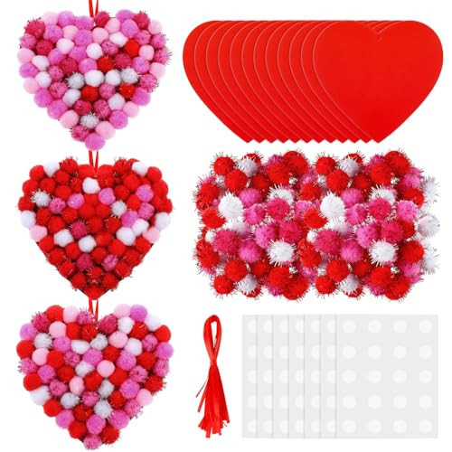 Realspring 12 Sets Valentine Heart Pom-poms Craft Kit DIY Pom Pom Red Heart Ornament Craft Bulk Valentine's Day Poms Decor for Home Activity Party | Amazon (US)