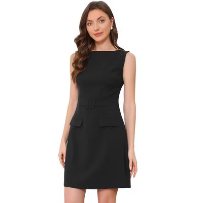 INSPIRE CHIC Women's Boat Neck Sleeveless Belt Decor Business Work Casual Pencil Dresses Small Black | Target