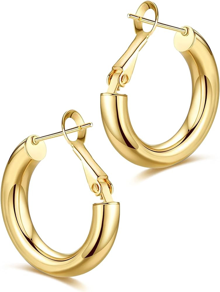 wowshow Gold Hoop Earrings for Women Chunky Hoops 14K Gold Plated Thick Hollow Tube Lightweight E... | Amazon (US)