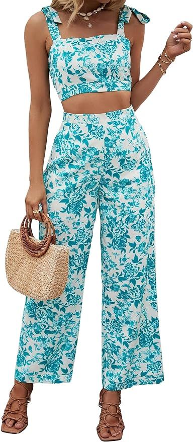 Floerns Women's 2 Piece Boho Floral Print Knot Shoulder Zip Back Crop Cami Top and Maxi Pants Set | Amazon (US)