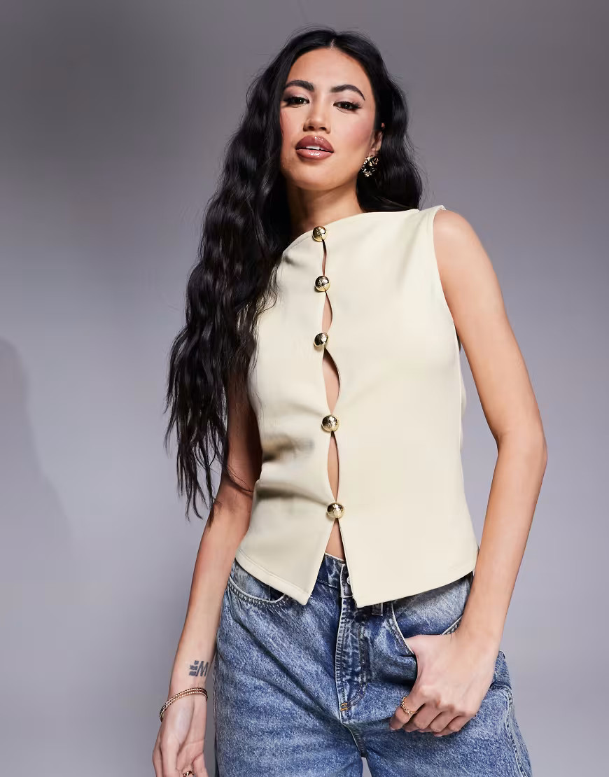 ASOS DESIGN gold hardware interlock waistcoat co ord in buttermilk-Yellow | ASOS (Global)