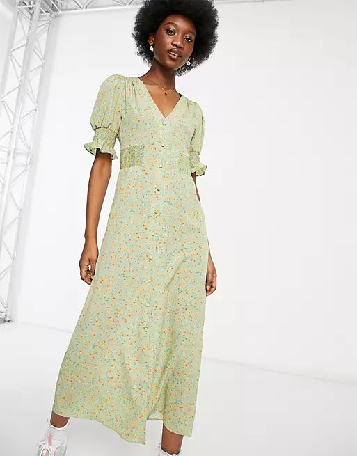 ASOS DESIGN button through midi tea dress with shirred sides in sage floral | ASOS (Global)