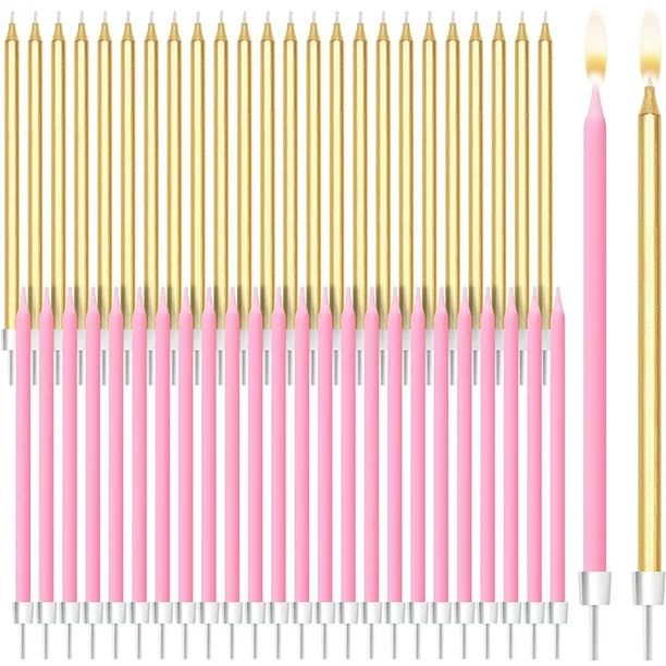 48 Count Pink Gold Strip Long Thin Birthday Cake Candles with Holder Bulk Set, for Women Birthday... | Walmart (US)