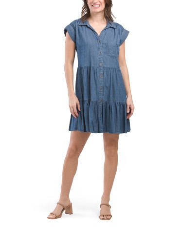 Chambray Tiered Mini Dress | TJ Maxx