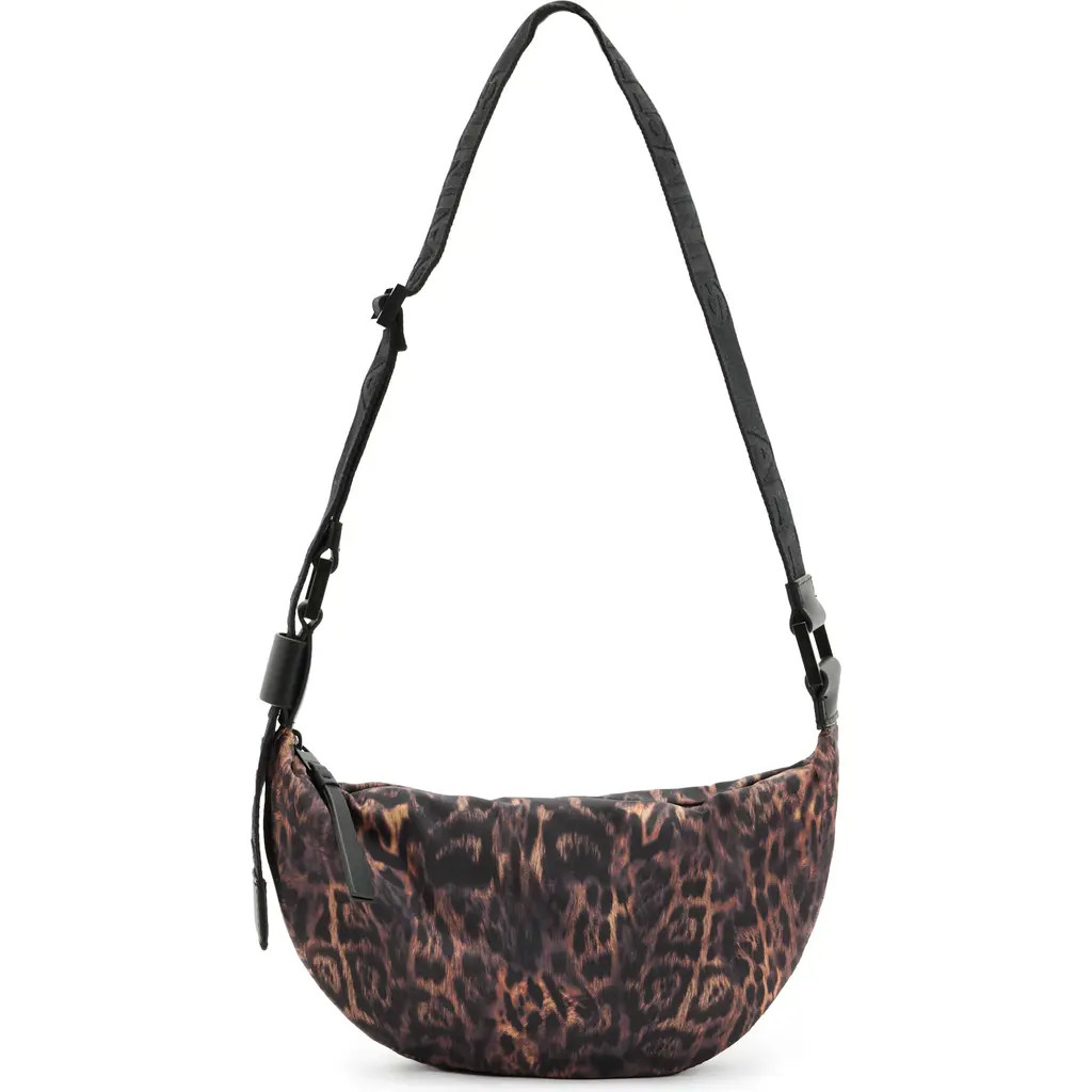 AllSaints Half Moon Nylon Crossbody Bag in Leopard Brown at Nordstrom | Nordstrom