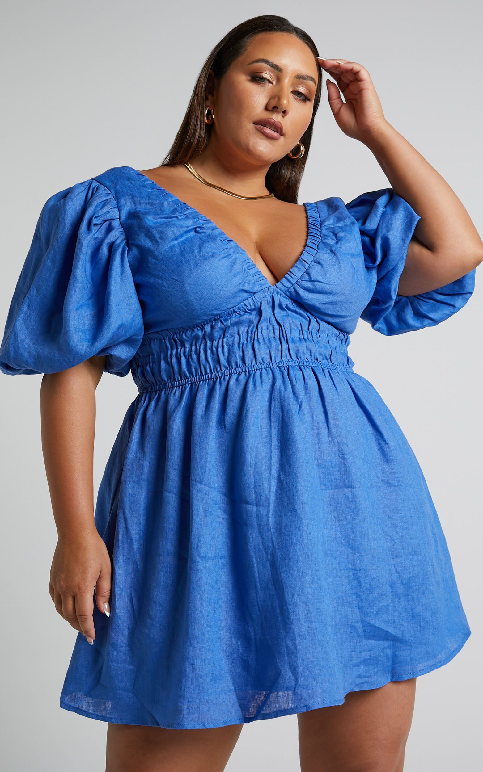 Amalie The Label - Khaila Linen Plunge Puff Sleeve Mini Dress in Blue | Showpo (US, UK & Europe)