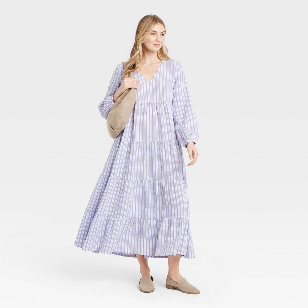 Women's Striped Balloon Long Sleeve Tiered Dress - Universal Thread Lilac L | Target
